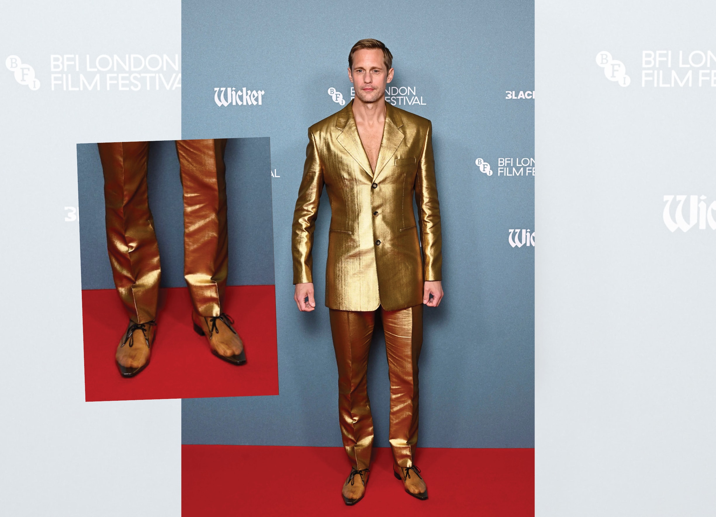 We’re obsessed with Alexander Skarsgård’s sheer lace shoes at the Wicker premiere. (INSTAGRAM/@WICKERMOVIE) We’re obsessed with Alexander Skarsgård’s sheer lace shoes at the Wicker premiere. (INSTAGRAM/@WICKERMOVIE)