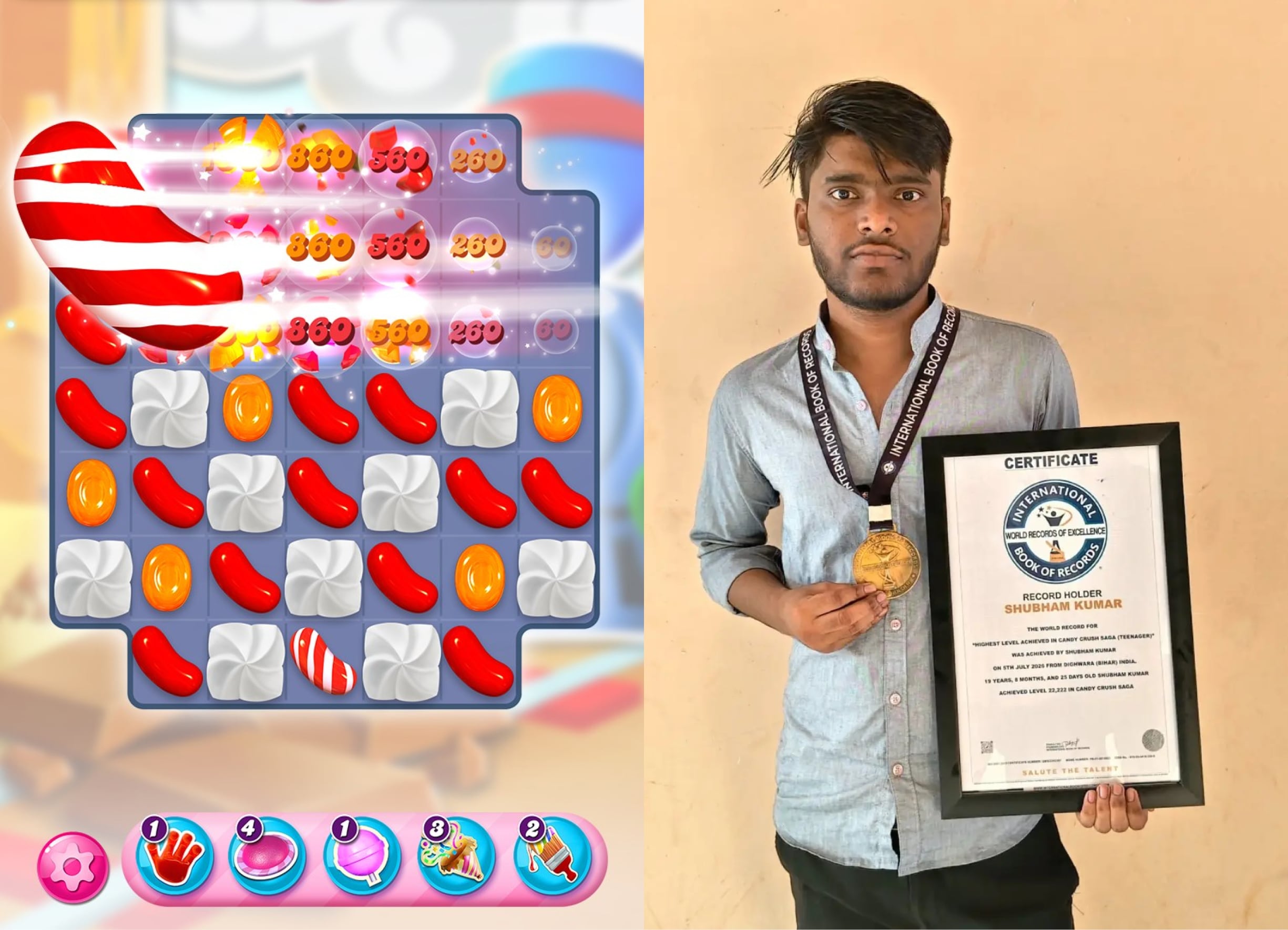 Bihar’s 19-year-old Shubham Kumar has reached level 22,222 on Candy Crush. (INSTAGRAM/@INTERNATIONALBOOKOFRECORDS) Bihar’s 19-year-old Shubham Kumar has reached level 22,222 on Candy Crush. (INSTAGRAM/@INTERNATIONALBOOKOFRECORDS)