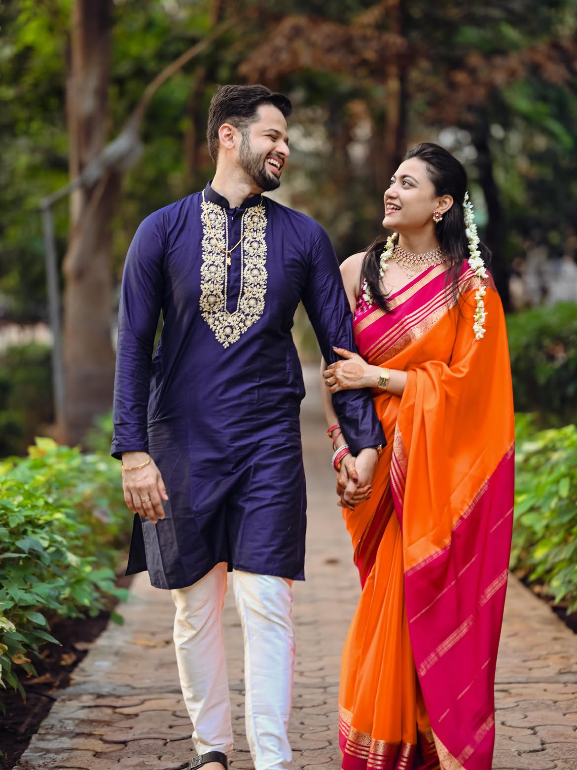 For Garba and Dandiya nights, jewel tones such as royal blue, emerald green, wine, and magenta photograph beautifully. (smilesandpostcards/Instagram) For Garba and Dandiya nights, jewel tones such as royal blue, emerald green, wine, and magenta photograph beautifully. (smilesandpostcards/Instagram)