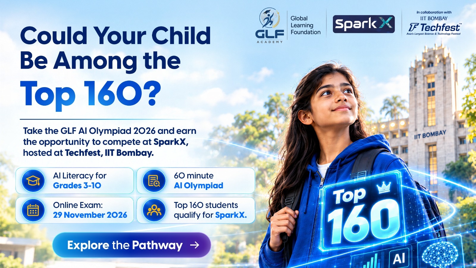 Top performers in the GLF AI Olympiad 2026 get an opportunity to participate in SparkX, the national AI challenge hosted at Techfest, IIT Bombay. Top performers in the GLF AI Olympiad 2026 get an opportunity to participate in SparkX, the national AI challenge hosted at Techfest, IIT Bombay.