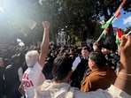 People supporting and opposing CEC Gyanesh Kumar and the CJP gather at Parliament Square in London on Saturday. 