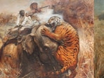 An oil painting by the 19th century artist, Herbert Nye, depicting an indomitable tiger taking on a mighty elephant and a colonial hunter armed with a big bore double-barrel rifle.