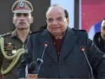 Ladakh LG Vinai Kumar Saxena addresses a public gathering following the declaration of Sankoo as the 8th district of Ladakh, in Sankoo on Friday.