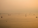 Vessels at the Strait of Hormuz, as seen from Musandam, Oman. 