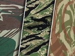 Swatches of the brushstroke, tiger stripe, French lizard, frog skin, and MultiCam patterns. (Wikimedia; Museum of Modern Art)
