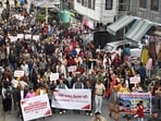 The protesters said the revised alignment could affect around 500 residential buildings, while the immediate damage reported so far had affected approximately 15 to 20 families. (Deepak Sansta/HT)