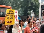 Women's groups protesting outside Delhi Police headquarters, Ashoka Road.