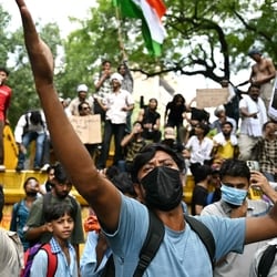 File photo of A Cockroach Janta Party (CJP) supporters shouting slogans at Jantar Mantar in New Delhi on July 23, 2026 during the protest to demand the resignation of India's Education Minister Dharmendra Pradhan over alleged NEET exam irregularities
