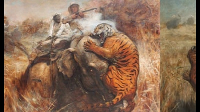 An oil painting by the 19th century artist, Herbert Nye, depicting an indomitable tiger taking on a mighty elephant and a colonial hunter armed with a big bore double-barrel rifle. An oil painting by the 19th century artist, Herbert Nye, depicting an indomitable tiger taking on a mighty elephant and a colonial hunter armed with a big bore double-barrel rifle.