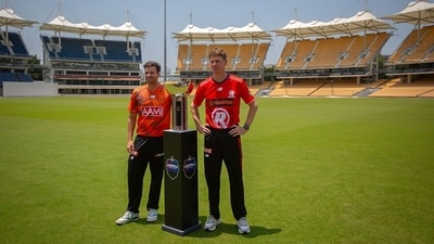 Jhye Richardson and Brendan Doggett with the BBL trophy in Chennai. (AP)