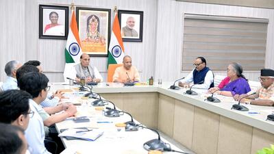 Defence minister Rajnath Singh and chief minister Yogi Adityanath during a meeting with senior officials from several departments, in Lucknow on Saturday. (Sourced) Defence minister Rajnath Singh and chief minister Yogi Adityanath during a meeting with senior officials from several departments, in Lucknow on Saturday. (Sourced)