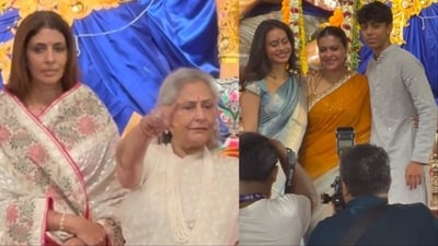 Jaya Bachchan and daughter Shweta Bachchan at Durga Puja celebration with Kajol.