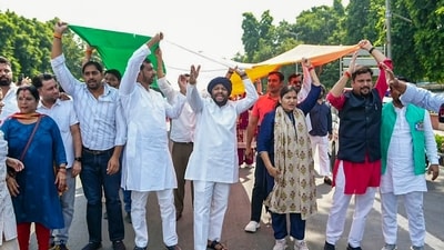 **EDS: THIRD PARTY IMAGE** In this image posted on Oct. 16, 2026, Aam Aadmi Party (AAP) MLAs Sanjeev Jha and Kuldeep Kumar and others take out 'Tiranga March', in New Delhi. (@AAPDelhi/X via PTI Photo) (PTI10_16_2026_000228B) (@AAPDelhi)