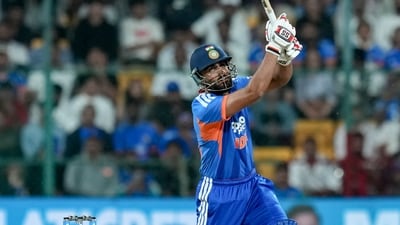 Naman Dhir provided some late momentum into the innings as he hit 24 from 6 balls, as India reached 118/5 at the end of 7.4 overs. (PTI) Naman Dhir provided some late momentum into the innings as he hit 24 from 6 balls, as India reached 118/5 at the end of 7.4 overs. (PTI)