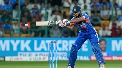 India's Naman Dhir plays a shot during the fifth and final T20I. (PTI) India's Naman Dhir plays a shot during the fifth and final T20I. (PTI)
