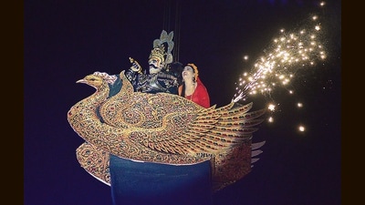 The Sita Haran scene shown from a height of 100-ft from the stage, at the Ramlila organised by Youth Dramatic Club in Panchkula. (Sant Arora/HT)