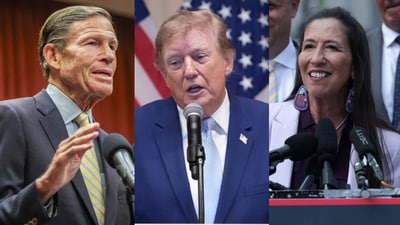 The US President had signed the legislation only last month. In the image (L to R): Senator Richard Blumenthal, Donald Trump and Representative Teresa Leger Fernandez. (Reuters/AP/Getty Images via AFP)