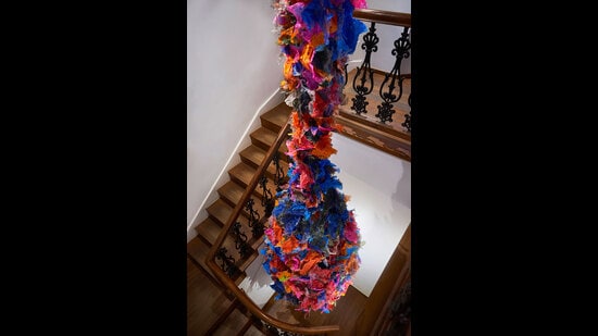An Aaditi Joshi installation from 2018, of painted and treated plastic bags, acrylic and wood. (Photo by Ashish Chandra, courtesy TARQ)