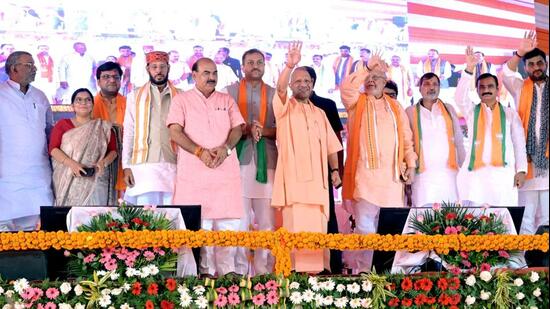 CM Yogi Adityanath at a meeting of graduates and teachers, in Lucknow on Saturday.