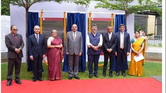 Chief Justice of India (CJI) Surya Kant, Karnataka high court chief justice Vibhu Bakhru, chief minister DK Shivakumar and others during the 34th annual convocation of National Law School of India University (NLSIU) in Bengaluru on Saturday. (PTI)