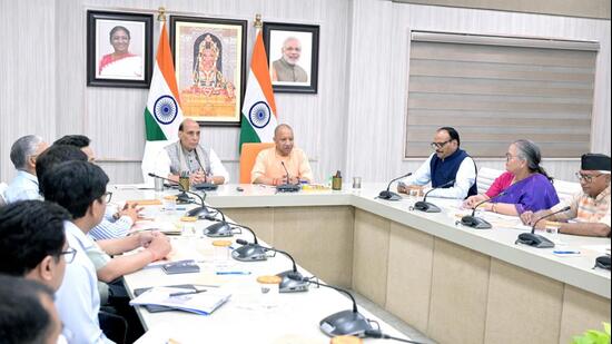Defence minister Rajnath Singh and chief minister Yogi Adityanath during a meeting with senior officials from several departments, in Lucknow on Saturday. (Sourced)