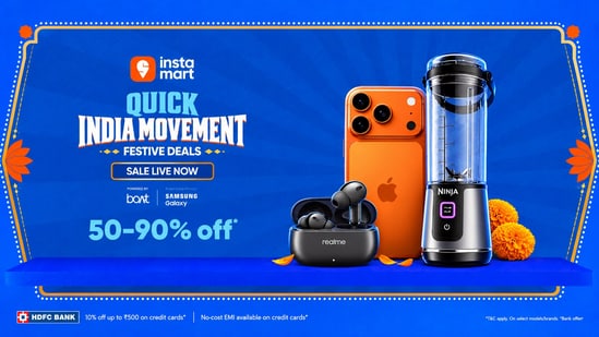 Instamart’s Quick India Movement Sale runs through October 18, with offers on electronics, home and kitchen products, personal care, food and everyday essentials.