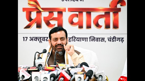 Haryana chief minister Nayab Singh Saini addressing a press conference in Chandigarh on Saturday. (ANI Photo)
