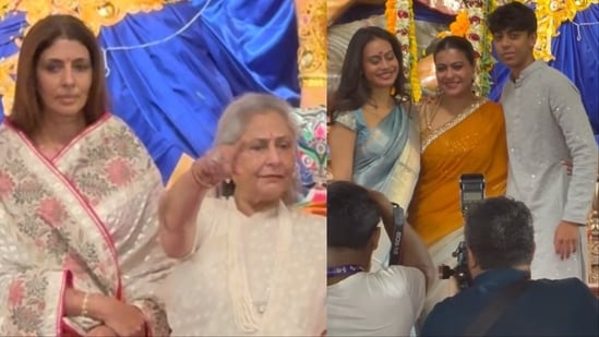 Jaya Bachchan and daughter Shweta Bachchan at Durga Puja celebration with Kajol.