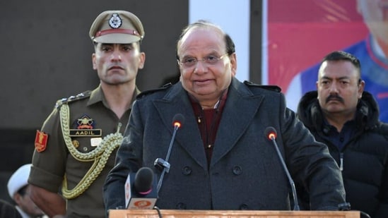 Ladakh LG Vinai Kumar Saxena addresses a public gathering following the declaration of Sankoo as the 8th district of Ladakh, in Sankoo on Friday.