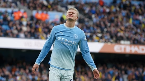 Manchester City's Erling Haaland reacts. 