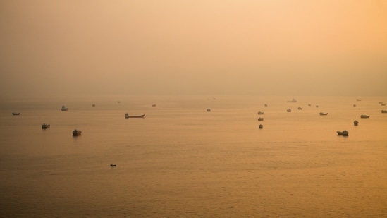Vessels at the Strait of Hormuz, as seen from Musandam, Oman. 