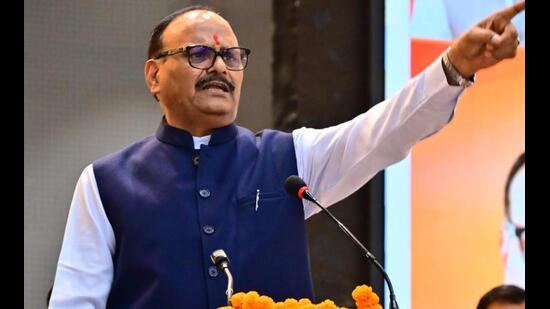 UP deputy CM Brajesh Pathak addressing a meeting of teachers in Aligarh on October 17 ahead of the October 23 MLC polls. (HT photo)