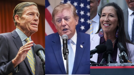 The US President had signed the legislation only last month. In the image (L to R): Senator Richard Blumenthal, Donald Trump and Representative Teresa Leger Fernandez. (Reuters/AP/Getty Images via AFP)