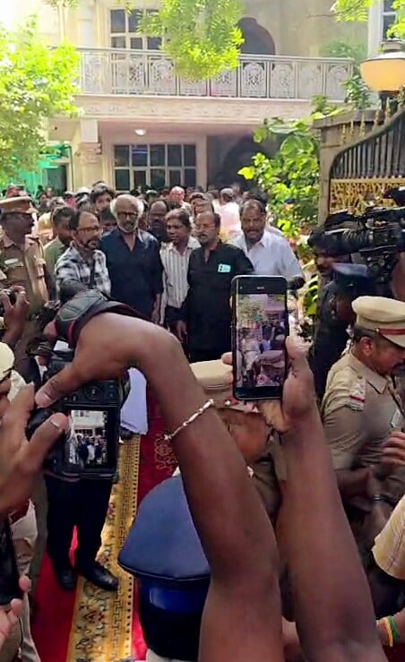 Chennai, Oct 17 (ANI): Veteran actor Rajinikanth arrives to pay his respects to music director Deva after his demise at his residence, T. Nagar, in Chennai on Saturday. (ANI Video Grab) (ANI Video Grab)