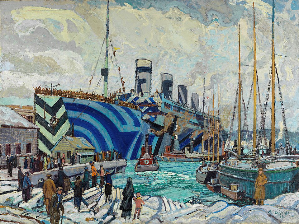 Olympic with Returned Soldiers (1919), by Canadian artist Arthur Lismer, shows dazzle camouflage on the troopship SS Olympic. (Wikimedia) Olympic with Returned Soldiers (1919), by Canadian artist Arthur Lismer, shows dazzle camouflage on the troopship SS Olympic. (Wikimedia)
