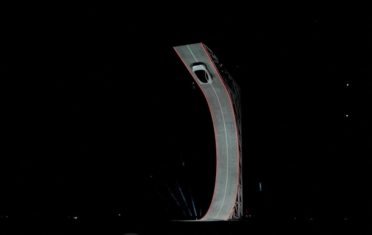 The Roadster seen upside down on a ramp during Thursday's event.