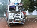 Visual of the crushed truck which ran over several people near Sheetla Mata Mandir, in Gwalior on Sunday.