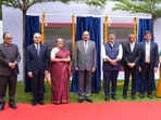 Chief Justice of India (CJI) Surya Kant, Karnataka high court chief justice Vibhu Bakhru, chief minister DK Shivakumar and others during the 34th annual convocation of National Law School of India University (NLSIU) in Bengaluru on Saturday. 