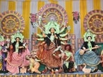 Idol of Goddess Durga during Navratri festival at Boring road crossing in Patna, on Saturday. (Santosh Kumar/HT)