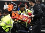 Atlanta Falcons linebacker Kendal Daniels (53) is carted off the field during the third quarter against the Chicago Bears at Mercedes-Benz Stadium. 
