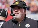 Steelers coach Mike McCarthy suffered an ankle injury against the Buccaneers, spent halftime in a medical tent, then returned. (AP Photo/Chris O'Meara)