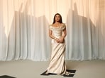 Priyanka Chopra attends the Annual Academy Museum Gala in a stunning Vivienne Westwood Couture gown featuring a plunging neckline, paired with a diamond necklace and glamorous makeup.