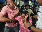 A woman breaks down at Kolkata Medical College, where those injured in the stampede at the Chorbagan Sarbojanin Durga Puja pandal have been brought for treatment, in Kolkata on Saturday. 


