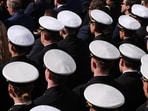 Naval Academy midshipmen arrive before President Donald Trump speaks at an event for Anduril Industries, Inc., at Sparrows Point Shipyard, Tuesday, Oct. 6.