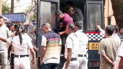 Seven people arrested in connection with the Chorbagan Sarbojanin Durga Puja stampede incident are being brought to Bankshall Court, in Kolkata on Sunday. (ANI Video Grab) Seven people arrested in connection with the Chorbagan Sarbojanin Durga Puja stampede incident are being brought to Bankshall Court, in Kolkata on Sunday. (ANI Video Grab)