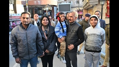 Chief minister Sukhvinder Singh Sukhu meet tourists while strolling at Mall Road, Shimla on Sunday. (Deepak Sansta/ HT) Chief minister Sukhvinder Singh Sukhu meet tourists while strolling at Mall Road, Shimla on Sunday. (Deepak Sansta/ HT)