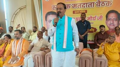 Deputy chief ministers Keshav Prasad Maurya addresses a public meeting in Prayagraj on Sunday. (HT)