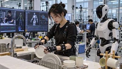 Workers in China earned up to $900 a month by doing everyday household chores to help train robots. (Representational image generated using AI) Workers in China earned up to $900 a month by doing everyday household chores to help train robots. (Representational image generated using AI)