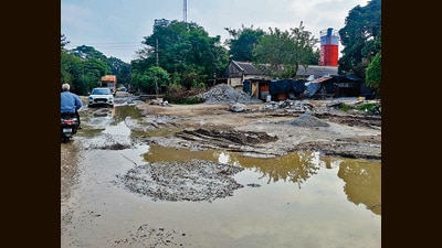 Sandeep Duggal, a local commuter, blamed heavy vehicles associated with nearby RMC plants for the road damage. He said the authorities needed to examine the impact of such traffic and find a lasting solution. (HT Photo)