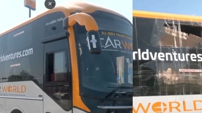 Visuals of the sleeper bus travelling from Delhi to Srinagar, which was reportedly attacked with stones and bricks near Kurukshetra, Haryana (ANI)